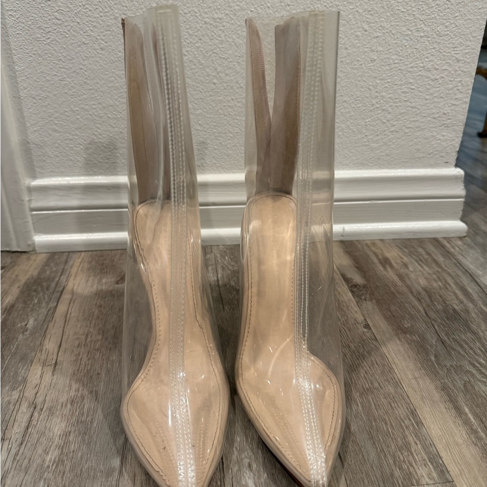 Clear heeled booties